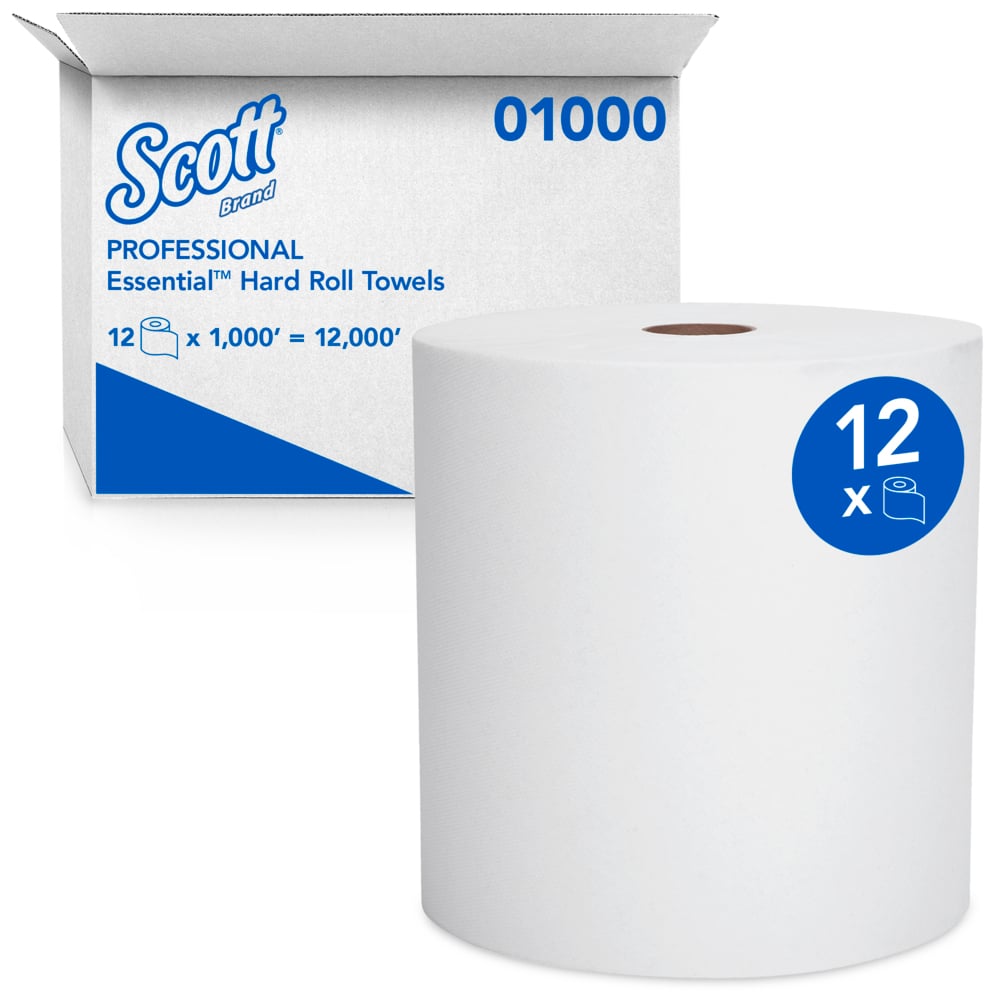 01000 Scott Essential 
Universal 1Ply 8&quot;x1000&#39; 
High-Capacity White Hard Roll 
Towel 12Rl/Cs 30Cs/Pllt