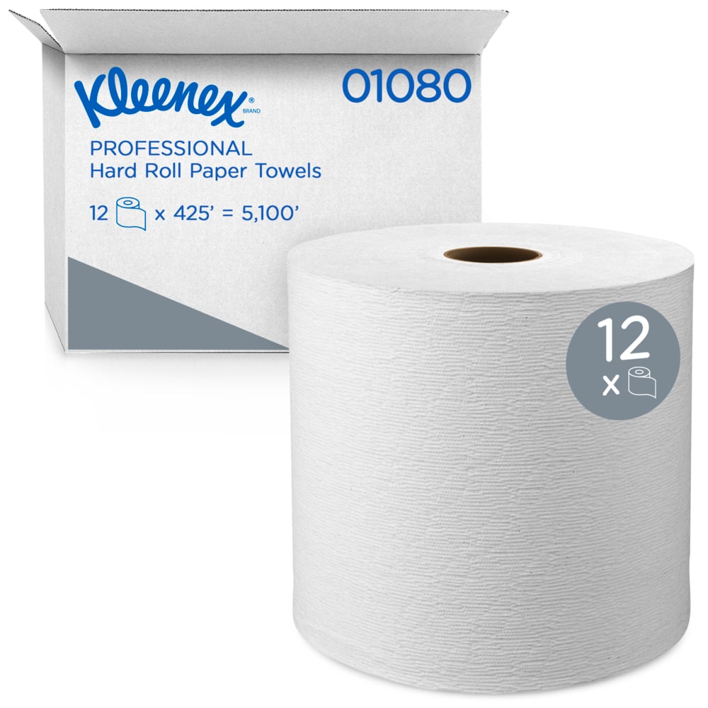 01080 Kleenex 1Ply White 
8&quot;x425&#39; White Hard Roll Towel 
12Rl/Cs 30Cs/Pllt