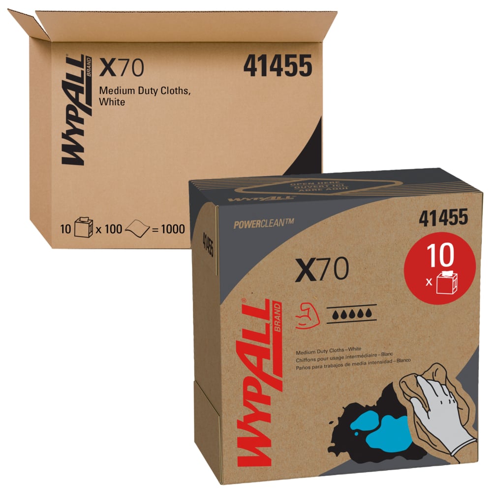 41455 WypAll Power Clean X70 
White Medium Duty Cloths 
Pop-Up Box 100/Bx 10Bx/Cs 
40Cs/Pllt