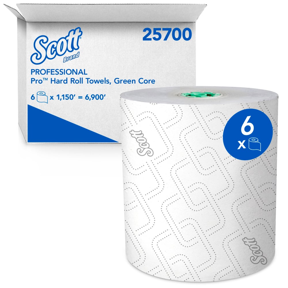 25700 Scott 7.5&quot;x1150&#39; 
High-Capacity Hard Roll Towel 
for Green Core Dispensers - 
White 6/Cs 60/Pllt