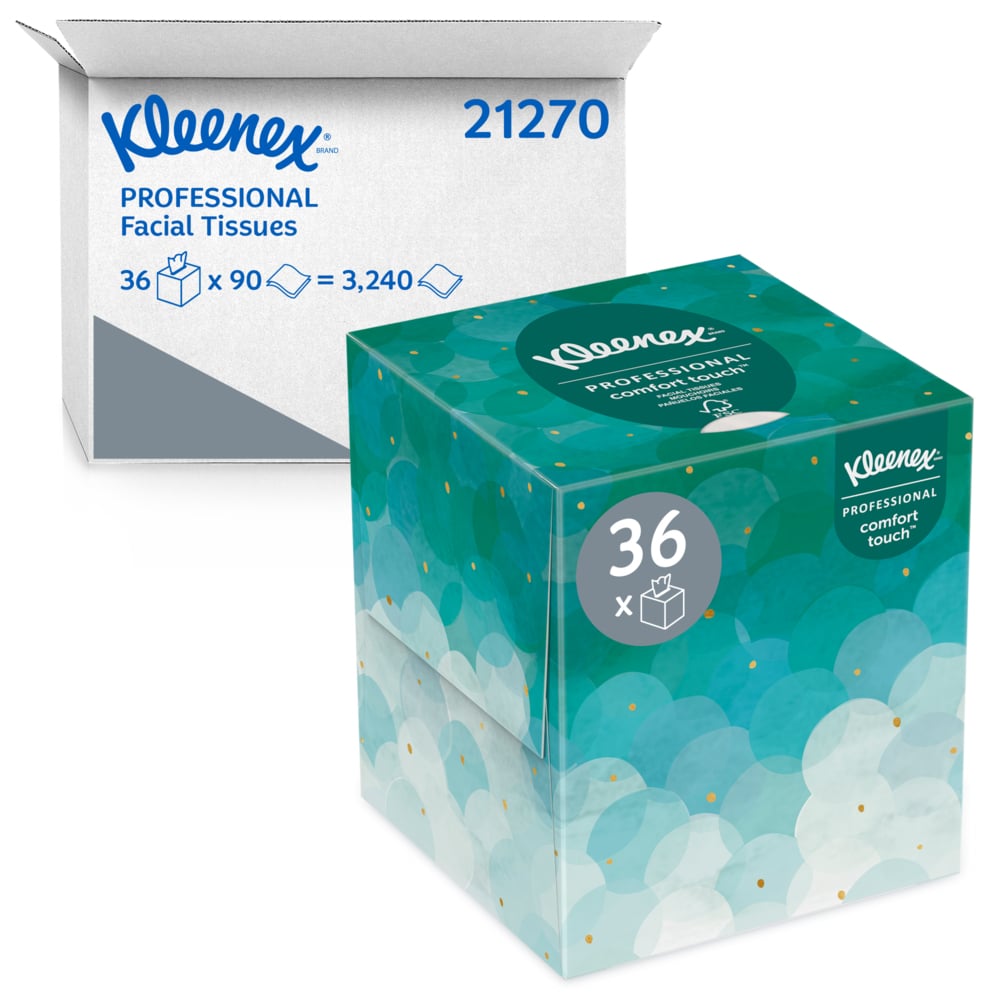 21270 Kleenex 2Ply White 
Facial Tissue Upright Box 
8.4&quot;x8.4&quot; 95/Bx 36Bx/Cs 
42Cs/Pllt