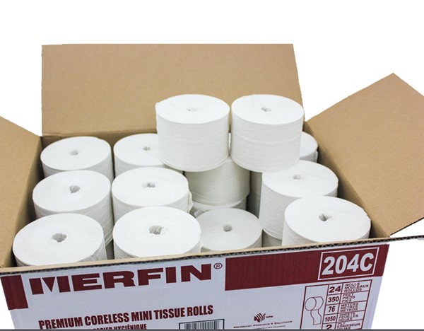 204C MERFIN 2Ply Premium 
Coreless Mini Toilet Paper 
Rolls 3.5&quot;x4&quot; 1050 Sheets/Rl 
24Rls/Cs 60cs/Pllt