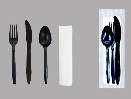 C11151/CKPPMW201 Black Medium 
Weight PolyPro Fork, Knife, 
Teaspoon and 12&quot;x13&quot; Napkin 
Cutlery Kit 250/Cs