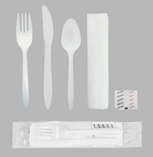 CKPPMW125/C11141 Wrapped White 
Cutlery Kit PolyPro K/F/Tsp w/ 
S&amp;P and 12x13 Napkin 250/Cs