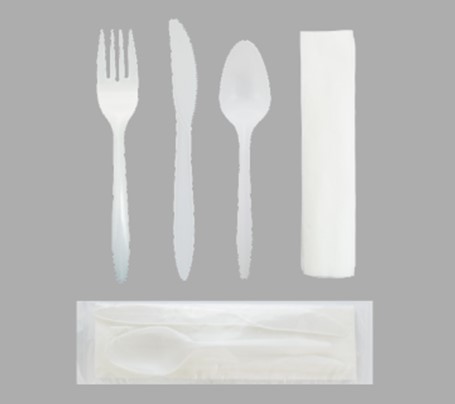C11134/CKPPMW101 White Medium 
Weight PolyPro Fork, Knife, 
Teaspoon and 12&quot;x13&quot; Napkin 
Cutlery Kit 250/Cs