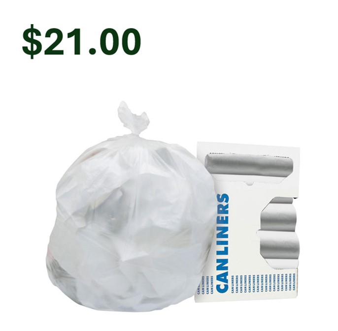Z4824RNR01 24&quot;x24&quot; 6Mic HDPE 
8-10Gal Clear Can Liner 50/Rl 
20Rl/Cs 112Cs/Pllt